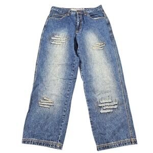 Delf Mens Baggy Wide Leg Distressed Jeans Blue 100% Cotton W34 Made in Korea Y2K